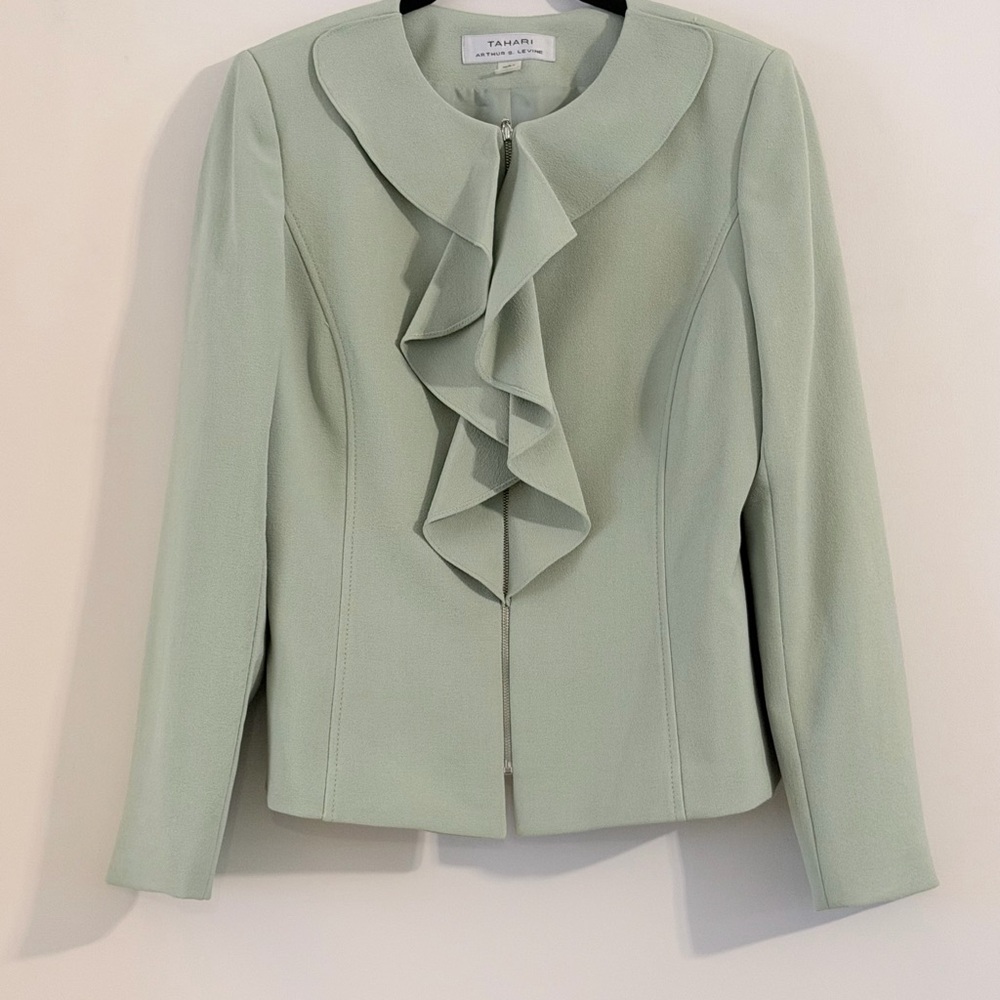 Tahari ASL Pistachio Green Skirt Set - Ruffle Jacket & Pencil Skirt - Picture 2 of 11